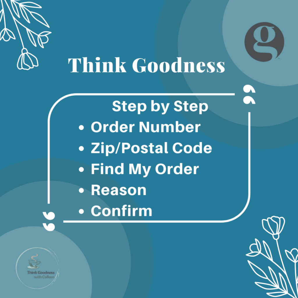 think goodness image for step by step entry in the refund and returns policy portal that requires order number, zip/postal code, find my order, reason, confirm
