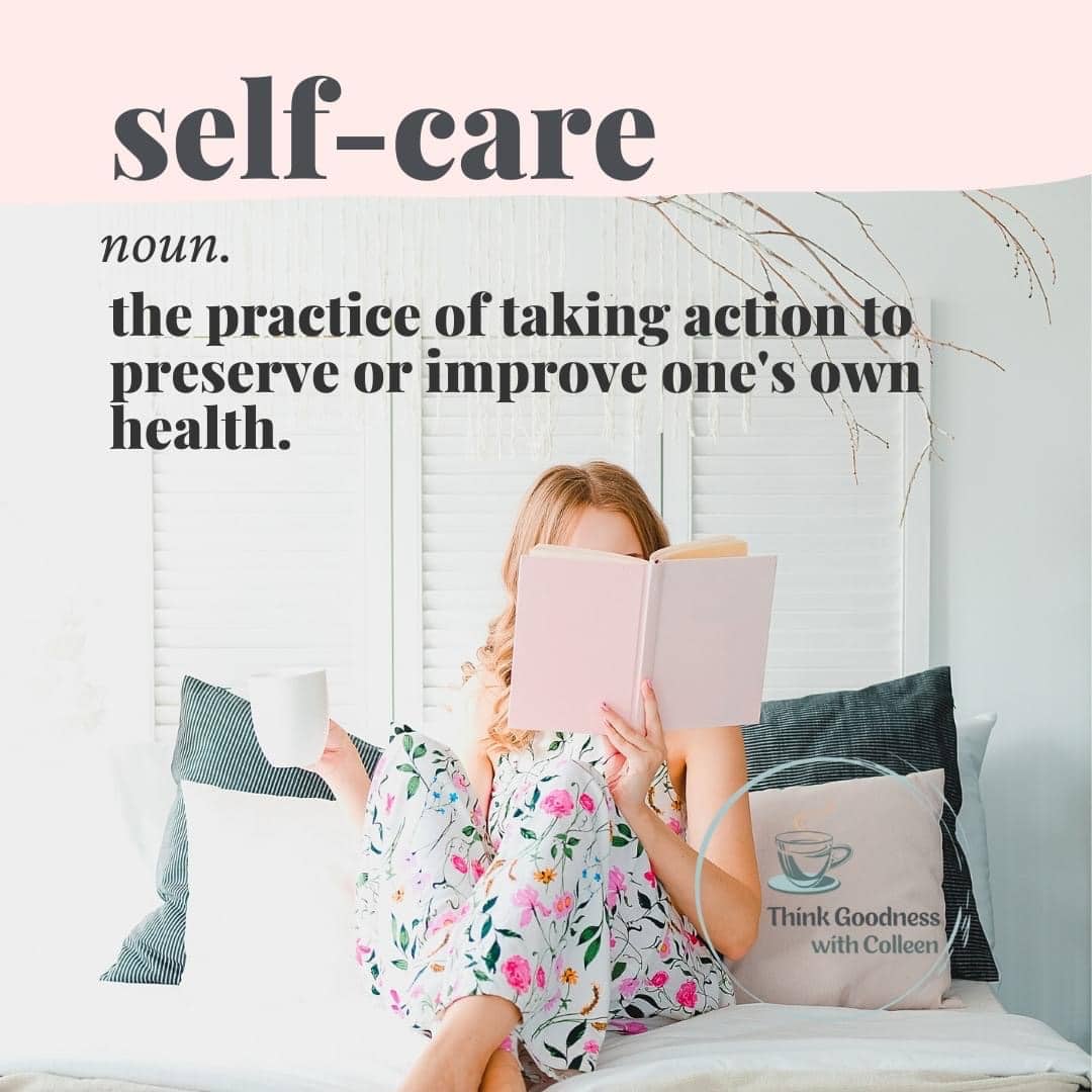Woman sitting on sofa with legs crossed reading a book. Veribage is self-care, noun. The practice of taking action to preserve or improve one’s own health