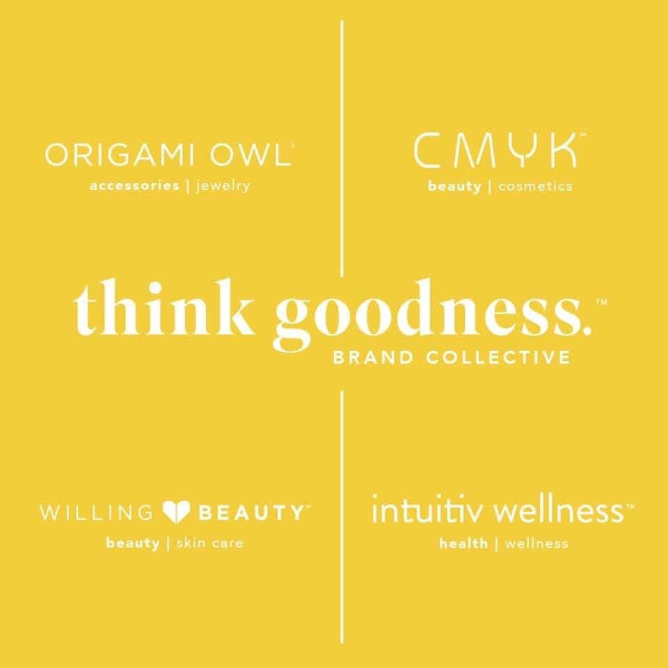 A yellow image with all think goodness Brands listed, Origami Owl, CMYK Cosmetics, Willing Beauty and Intuitiv Wellness