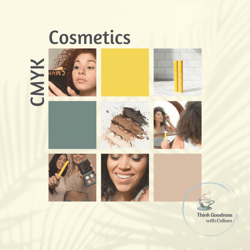 A beige image with 9 blocks with 6 pictures of better for you cosmetics by CMYK cosmetics 