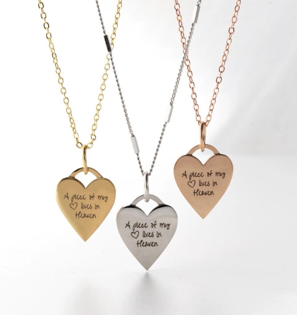 A piece of my heart inscription heart necklaces on chains in gold, silver and rose gold