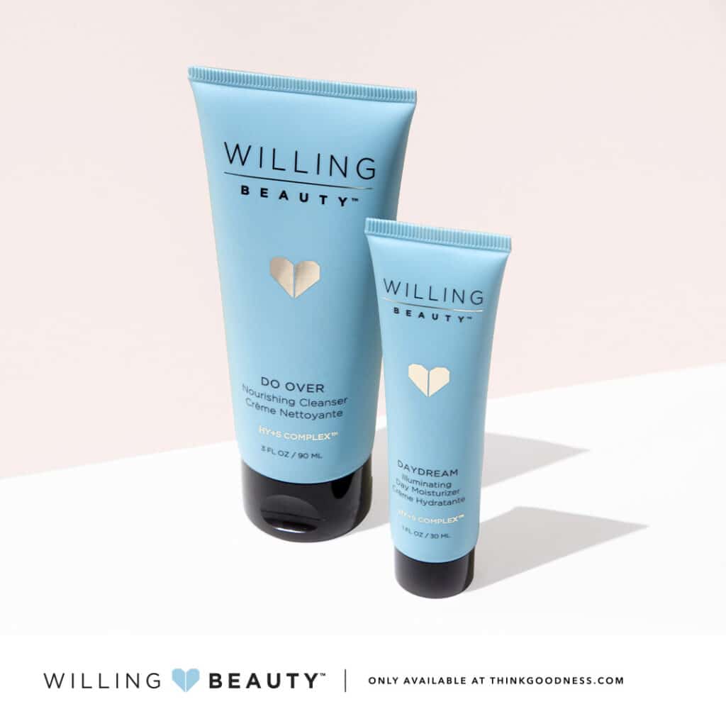Two tubes blue of willing beauty products nourishing cleanser and moisturizer
