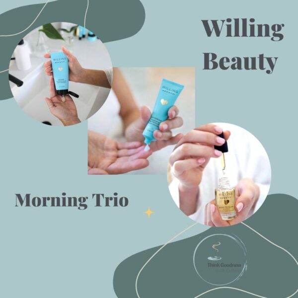 Willing beauty morning trio products with images of do over nourishing cleanser, daydream illuminating day moisturizer and born to glow skin elixer