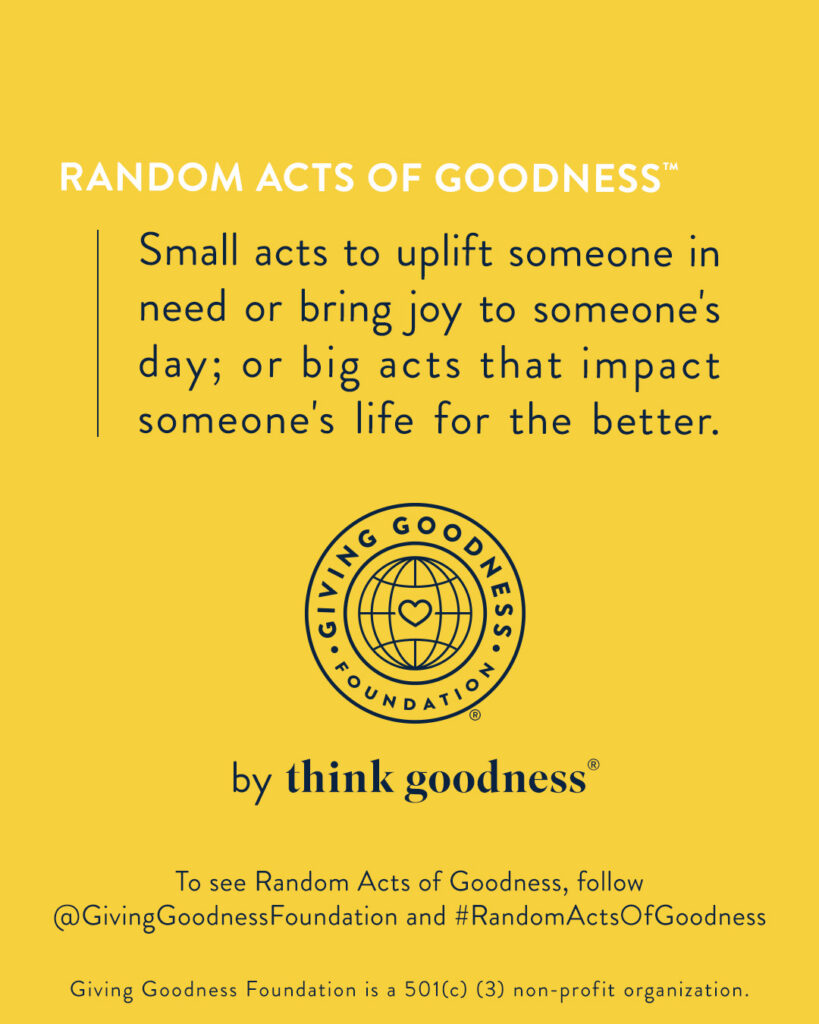 a yellow image with a definition of Random acts of goodness, small acts to uplift someone in need or bring joy to someone's day; or big acts that impact someone's life for the better