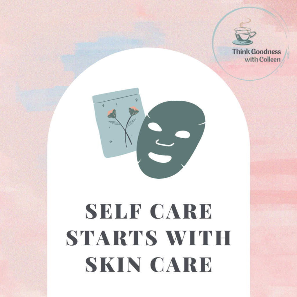 A pink back group with a round white insert that say self-care starts with skincare