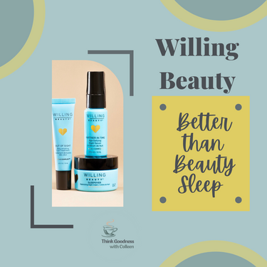 A graphic showing willing beauty better than beauty sleep trio with an image of the 3 products: out of sight eye treatment, partner in time serum and sleepover night cream