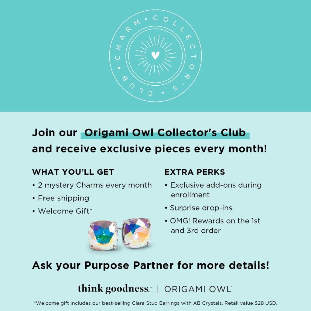 descriptive image with the details or origami owl collectors club, 2 mystery charms, free shipping, each month plus a welcome gift