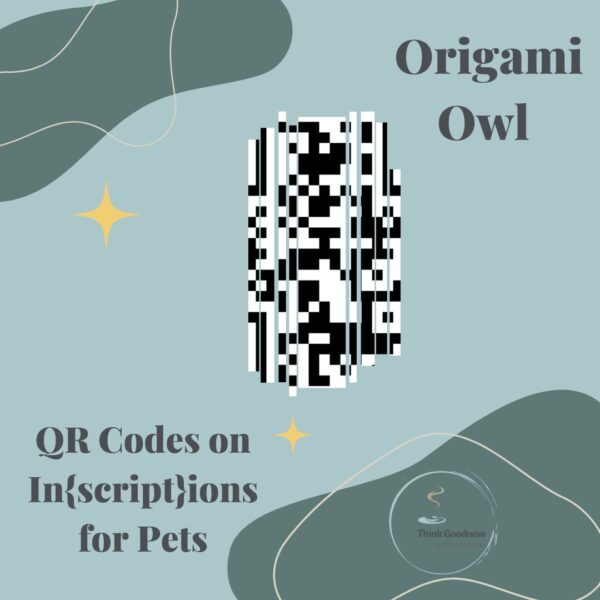 Blue and green background feature image for QR code for pet tags with a code on it and the words Origami Owl