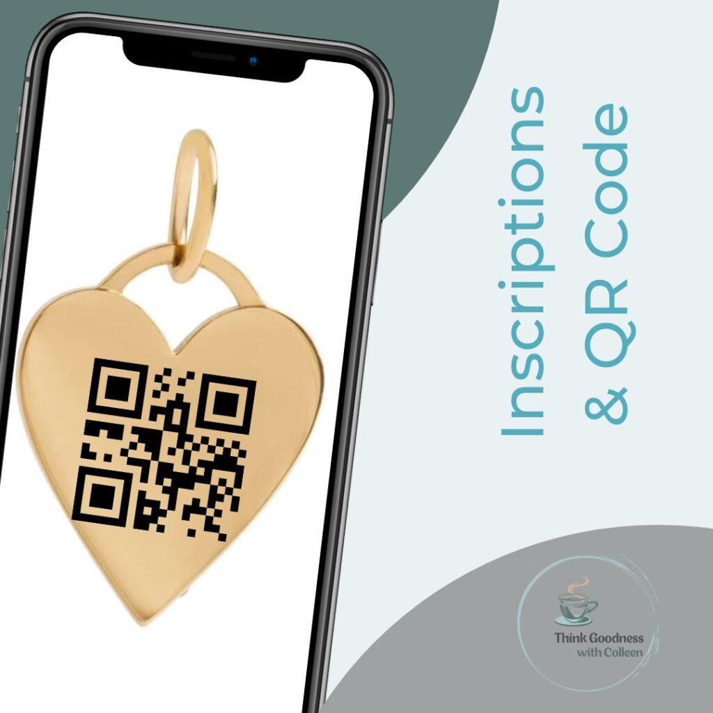 An image of a cellular phone on the left with a gold heart and a QR code on it. On the right it says inscriptions and QR code