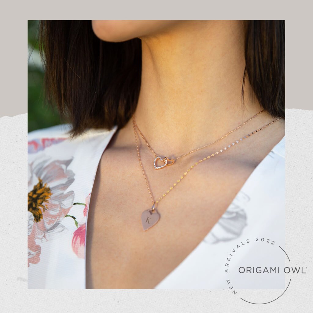 image of a woman's neck with a heart inscription necklace and a 16-19" rose gold necklace joined by 2 hearts, one says better and the other heart says together