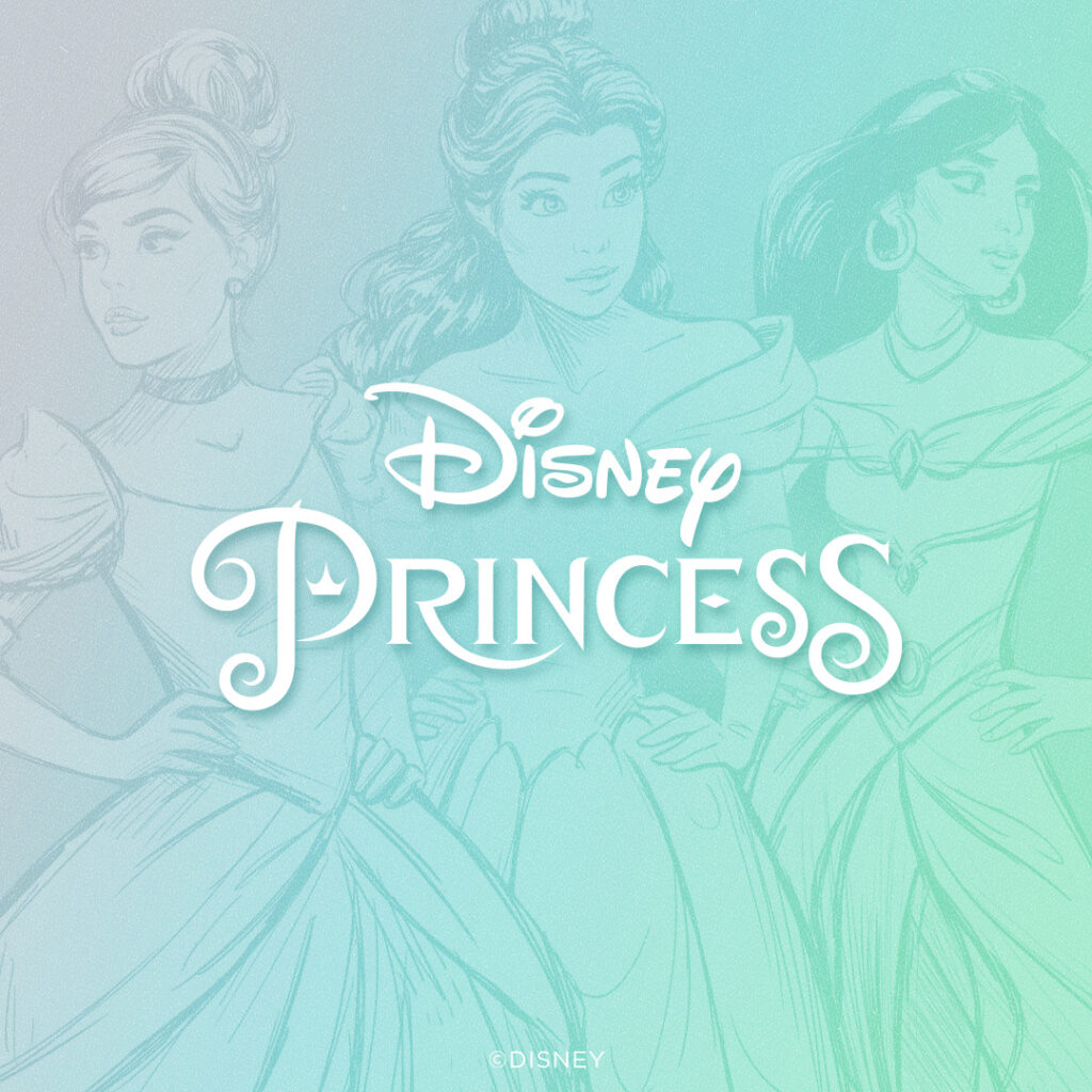 A light green image with light images of Disney princesses and says Disney Princess