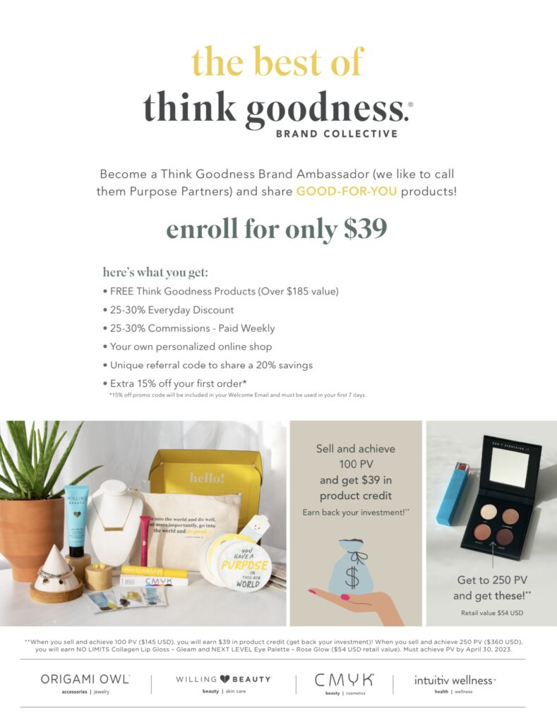 Detailed image of think goodness enrolment incentive for April 2023, $55 CA/$39 USD