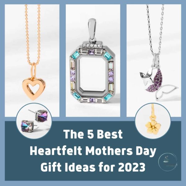 A blue image with 5 graphics from Origami Owl Mothers Day Collection: silver pastel locket and earrings, gold birth month flower, rose gold birthstone heart, silver and purple butterflies on chain