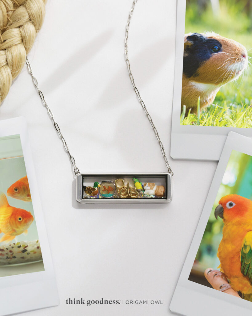 A silver bar necklace with pet charms 