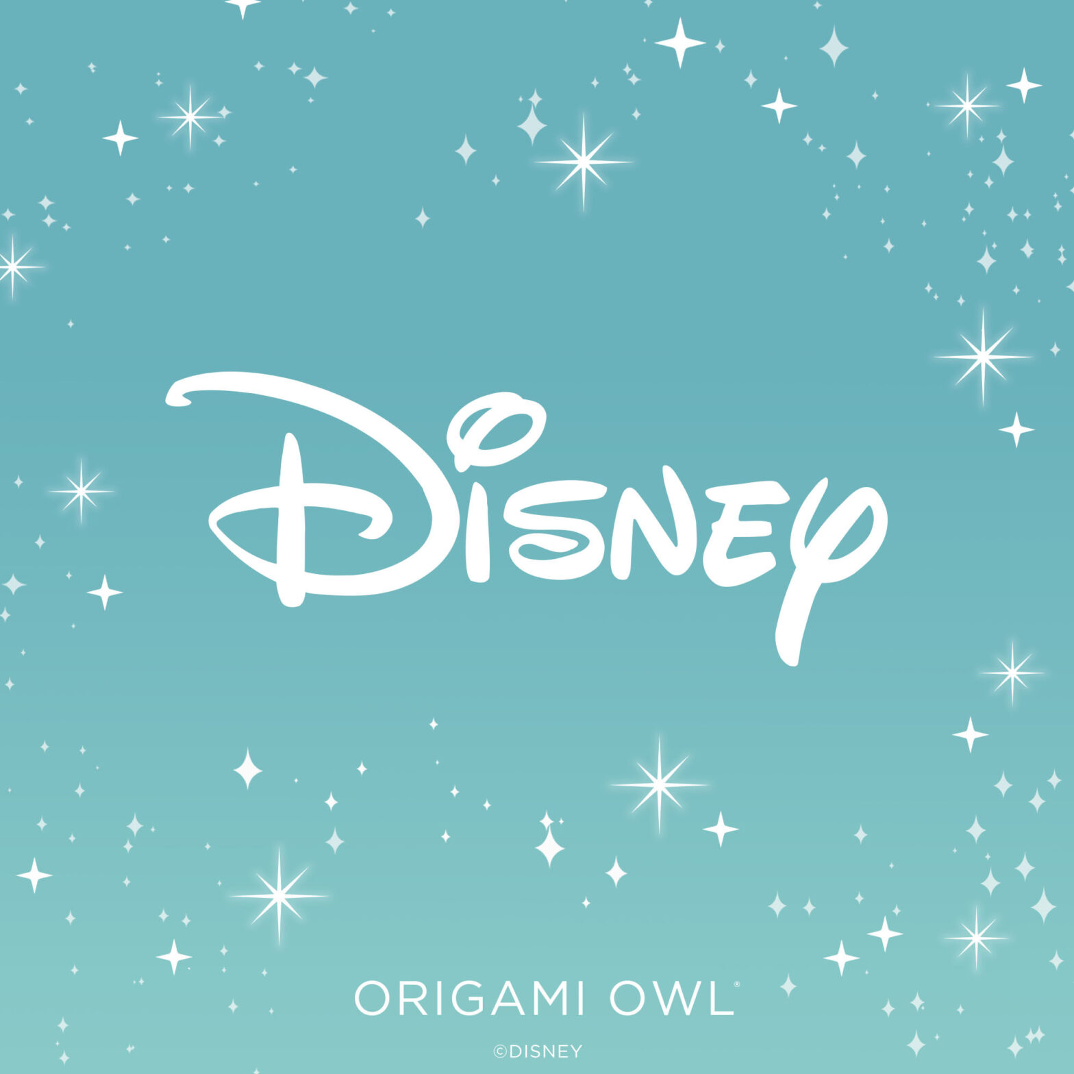 An aqua image with stars and words Disney in center and origami owl at bottom