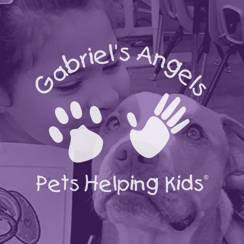 A purple image with a paw print and a hand print that says Gabriel’s Angels, pets helping kids