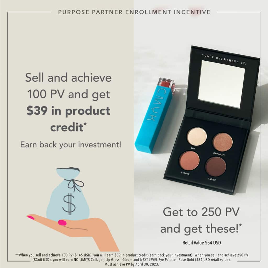 A further incentive image to show what you can earn when you have 100 PV - you earn back your enrolment investment and have 250 PV you receive CMYK Cosmetics rose glow eye palette and gleam no limits collagen lip gloss