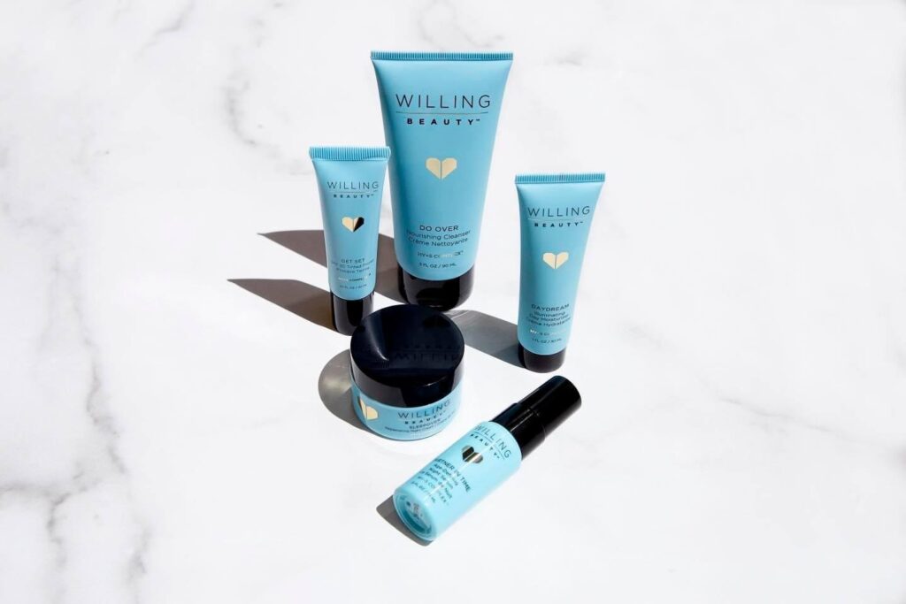 An image with. White background that is wikling beaity’s advanced HY+5 regimen which includes do over nourishing cleanser, daydream illuminating day moisture, get set, partner in time night serum,sleepover night cream