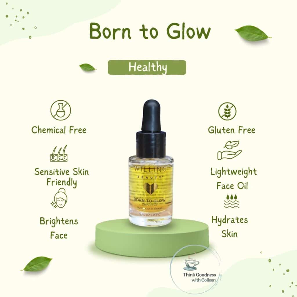 a light white image with born to glow skin elixer on a green circle with six statements that say chemical free, sensitive skin friendly, brightens face, gluten free, lightweight face oil and hydrates skin