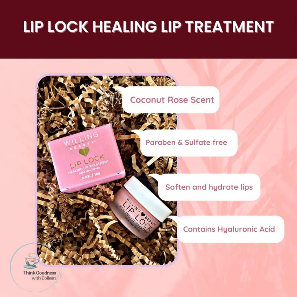 a pink background with an image of lip lock healing treatment jar and packaging with bullets that say coconut rose scent, paraben & sulfate free, soften and hydrate lips and contains hyaluronic acid