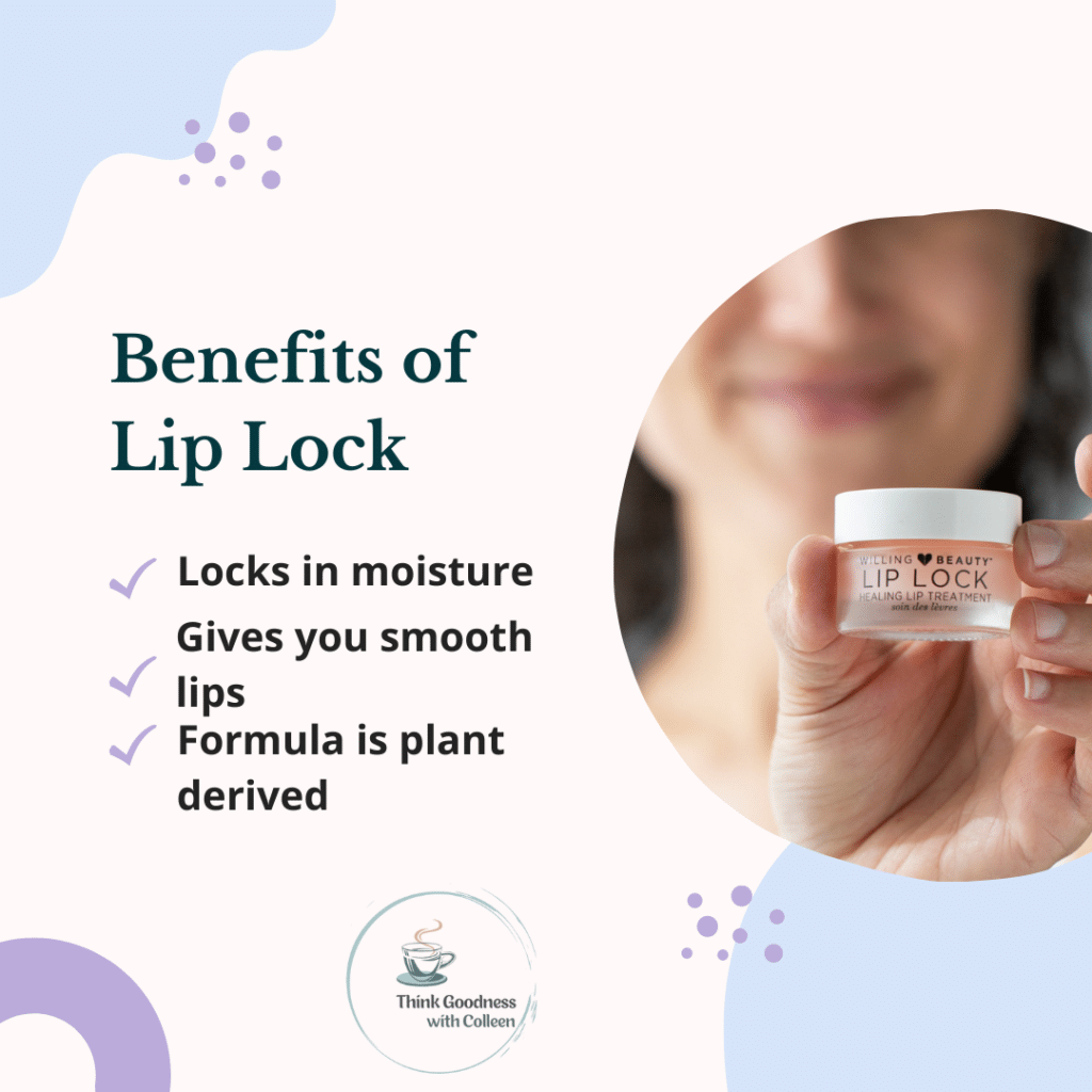 a white background with an image on the right of a woman holding lip lock. it lists benefits of lip lock: locks in moisture, give you smooth lips ad formula is plant derived.