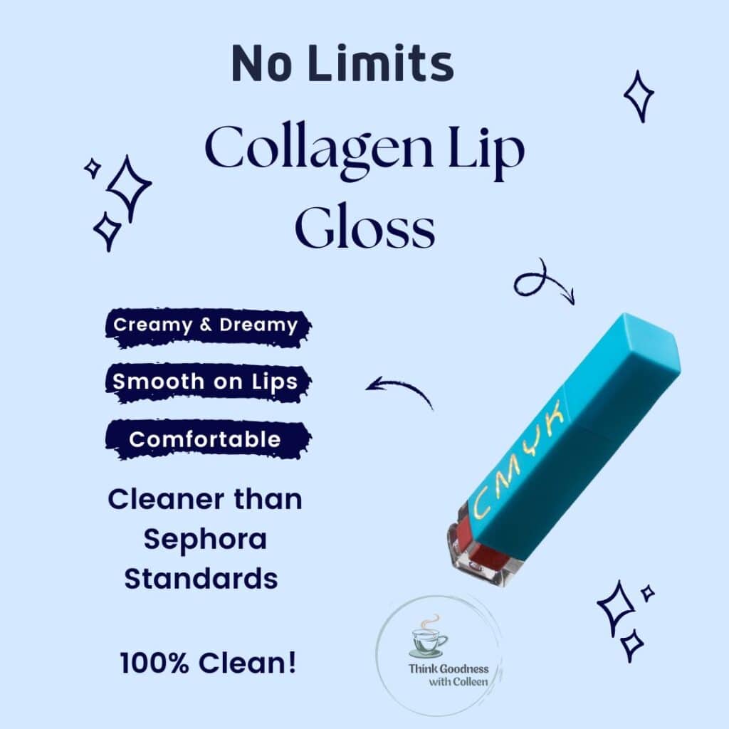 a blue image with a cmyk no limits collagen lip gloss with words that say creamy and dreamy, smooth on lips, comfortable, cleaner than sephora standards and 100% clean