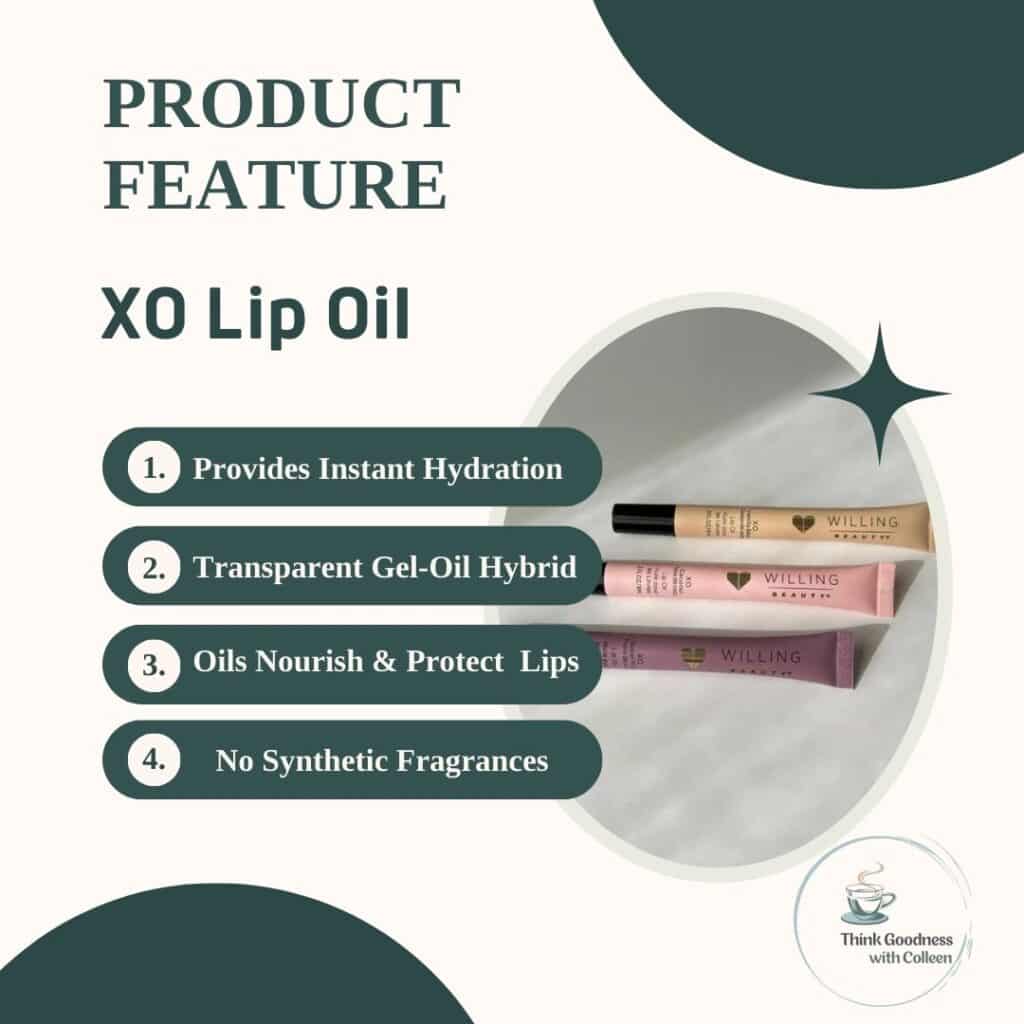 a white background with green in 2 corners that has an image of 3 different xo lip oils and has product feature that says provides instant hydration, transparent geol oil hybrid, oils nourish and protect lips, no synthetic fragrances.