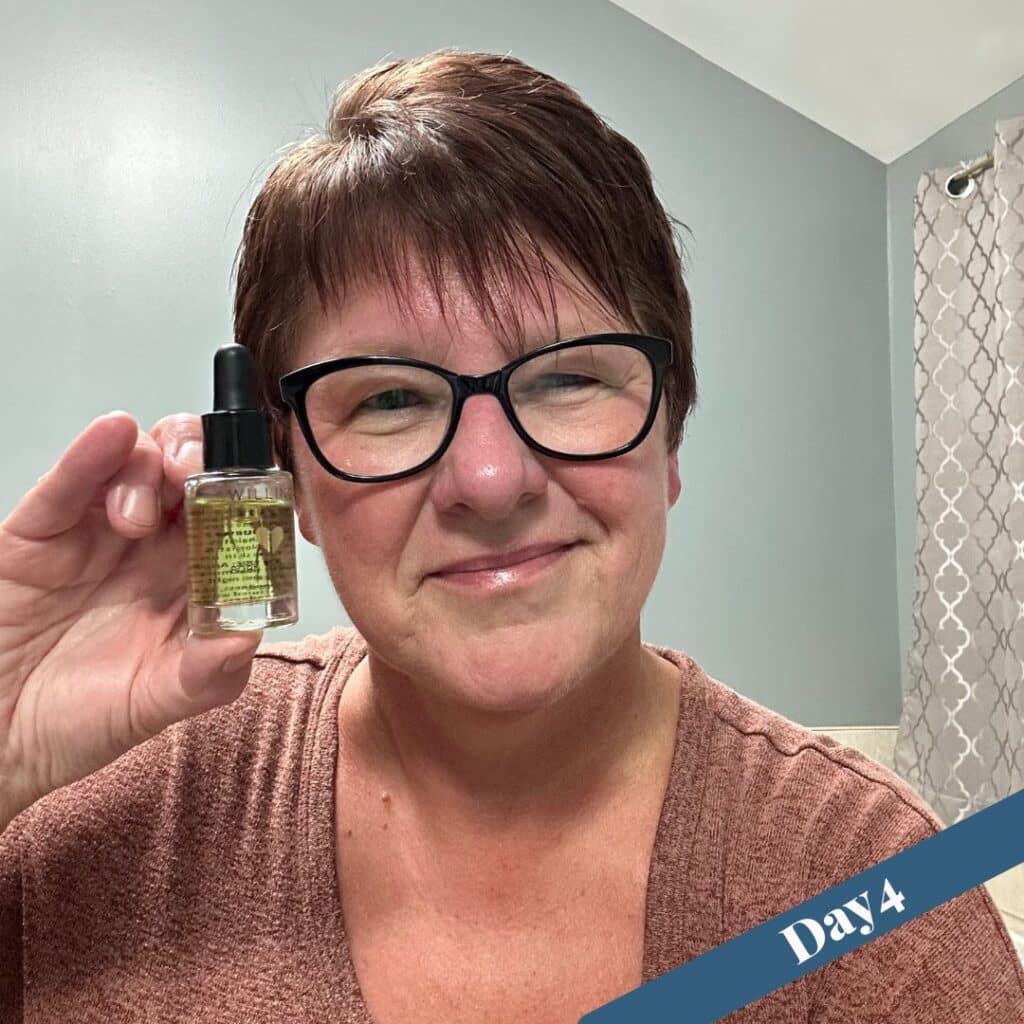 Day 4 of Colleen Evans' face showing improvement after using this liquid gold, Born to Glow Skin Elixir