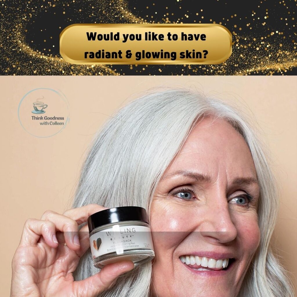 An image of a woman holding a jar of flashback instant facial peel next to the side of her face