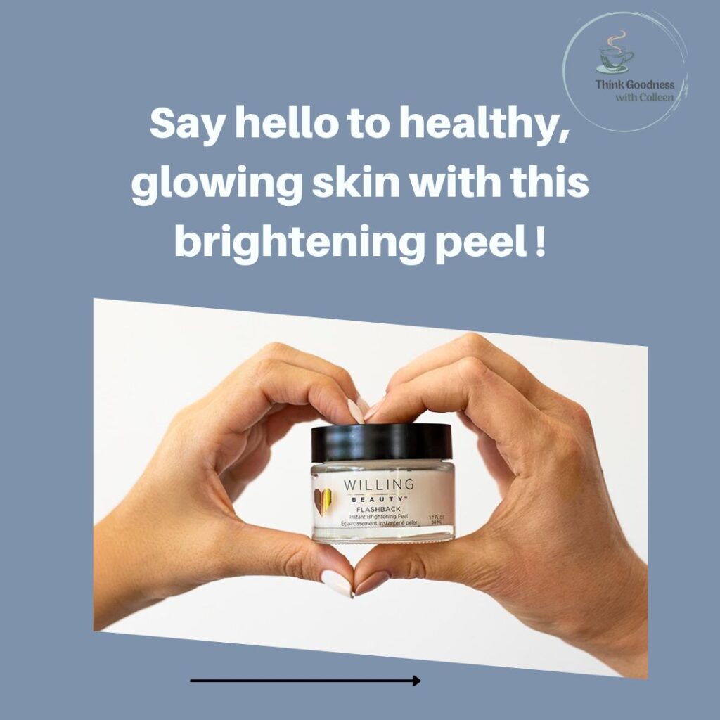 A woman’s hands making a heart with a jar of flashback that’s states say hello to healthily, glowing skin with this brightening peel