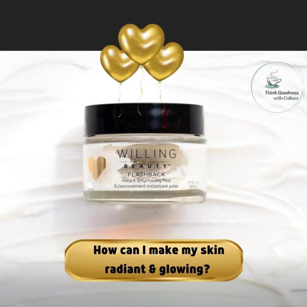 A jar of Flashback with gold balloons and asking how can I make my skin radiant and glowing?