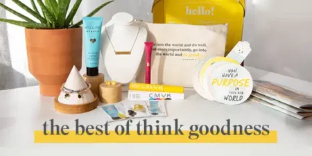 an image of the Think Goodness Welcome Box for the June enrolment incentive with words saying the best of think goodness.