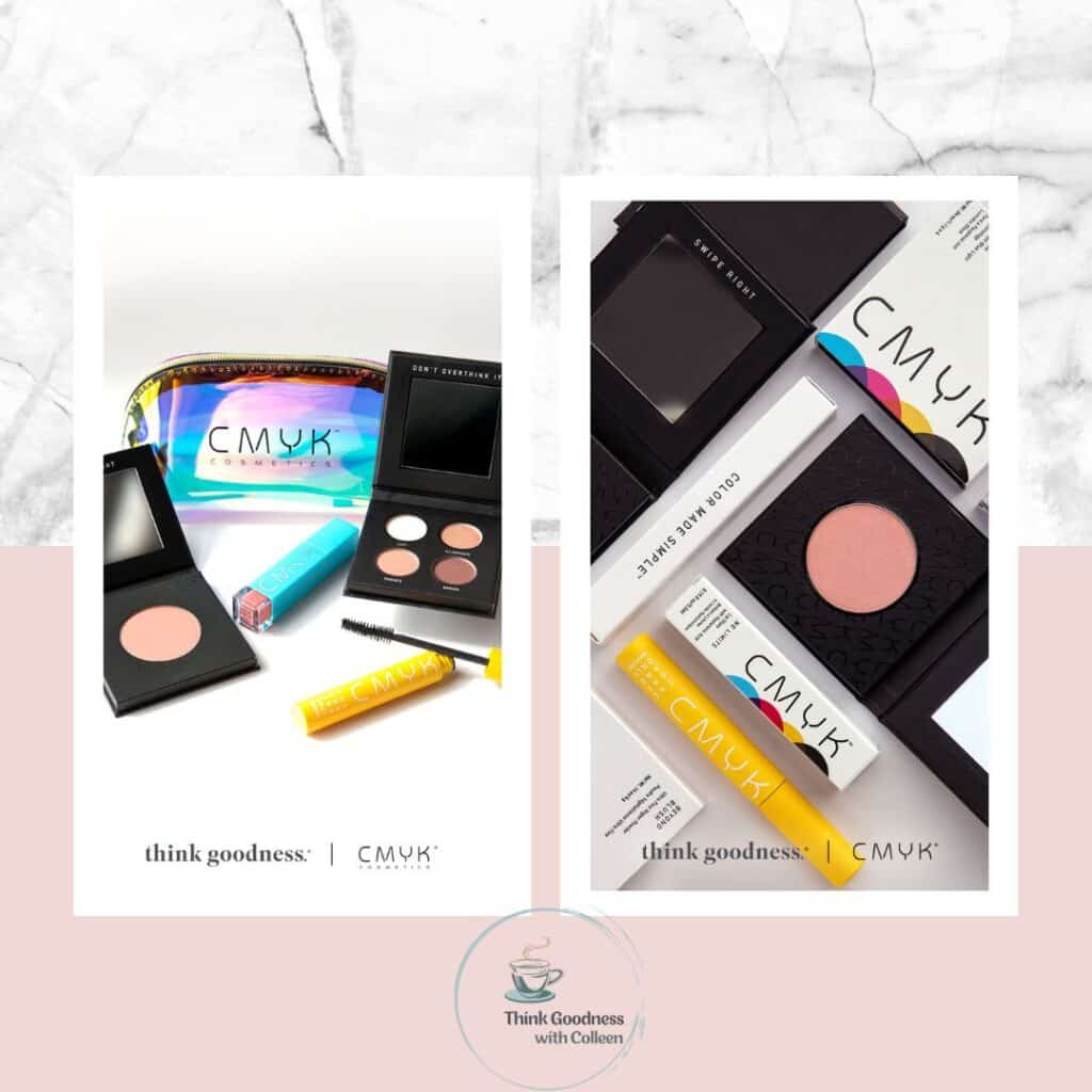 a light pink and grey background with two images of cmyk cosmetics products. one has a beyond blush, mascara, lip gloss, eye palette and makeup bag. the other image has multiple cmyk cosmetics packaging with mascara and beyond blush 