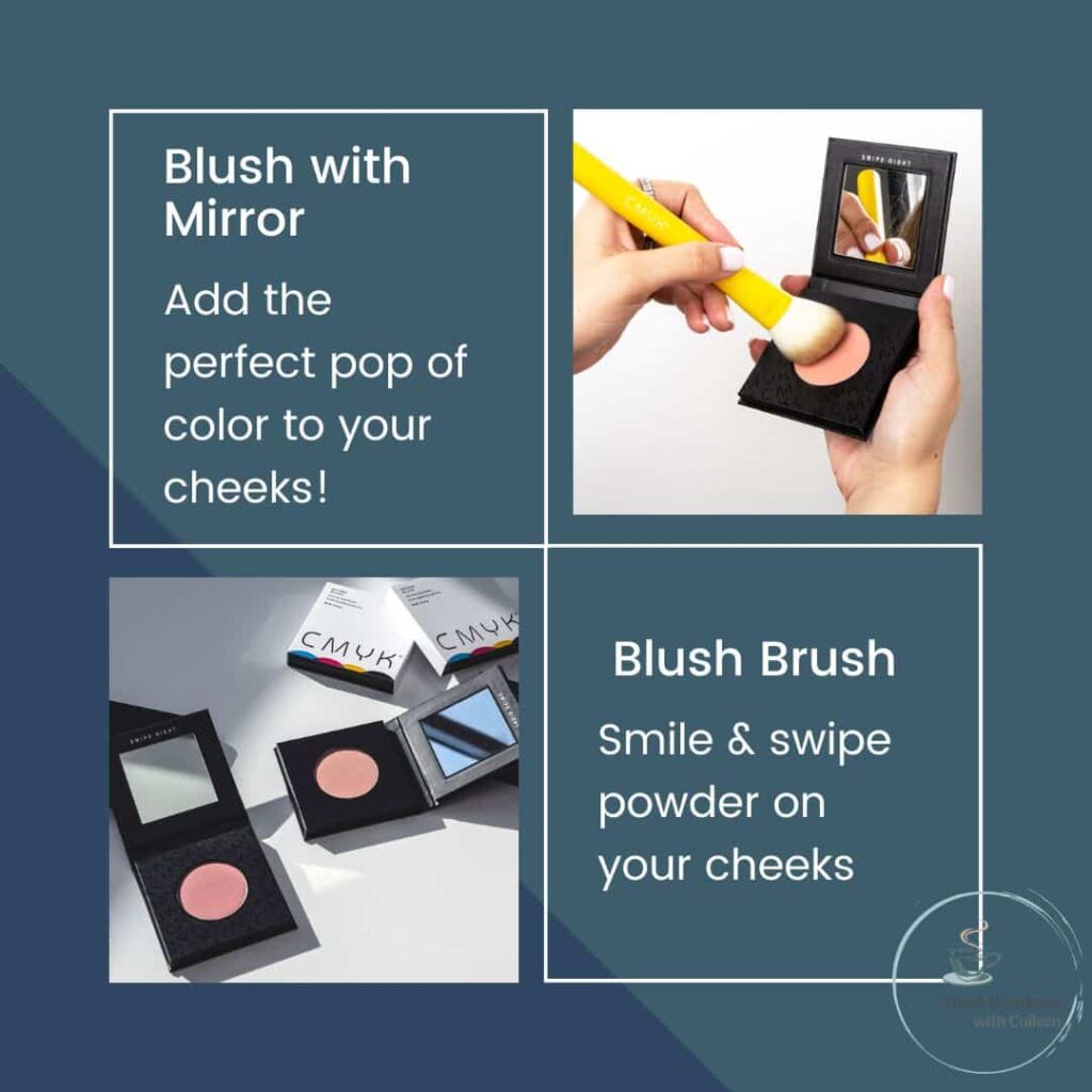 a dark blue background with 4 squares. 2 with images and 2 with words. blush with Mirror - add the perfect pop 