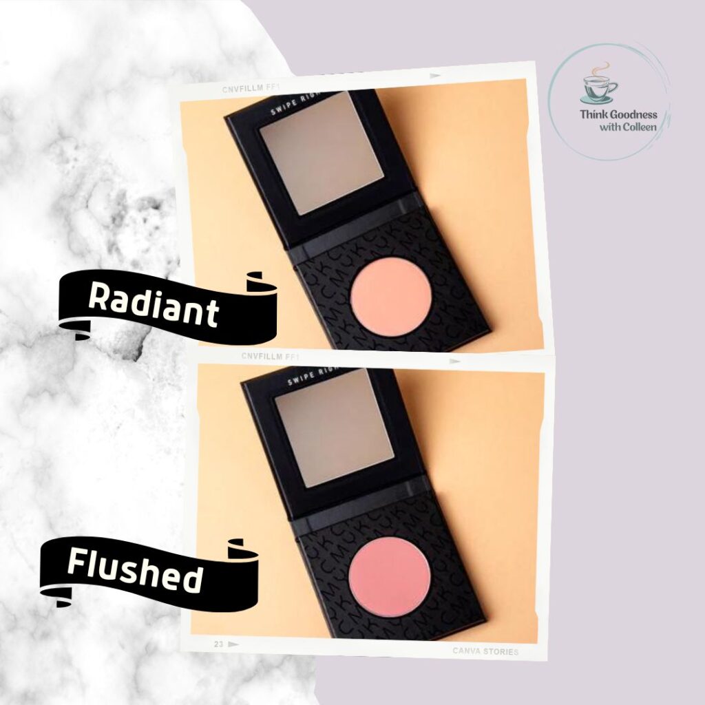 a light grey and light plum background with two images of beyond blush, one is flushed and the other is radiant
