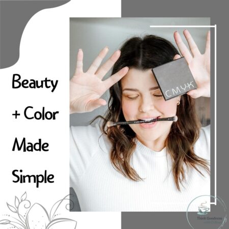 A white and grey image with a picture of a woman looking down holding CMYK eye palette and brush. Script says beauty + color made simple