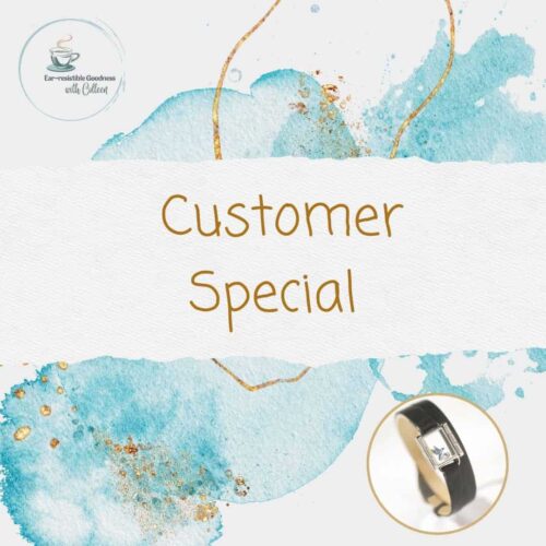 A blue abstract image with gold lines and veribage in center that says customer special. In the right hand corner is an image of the leather wrap bracelet for July’s customer special