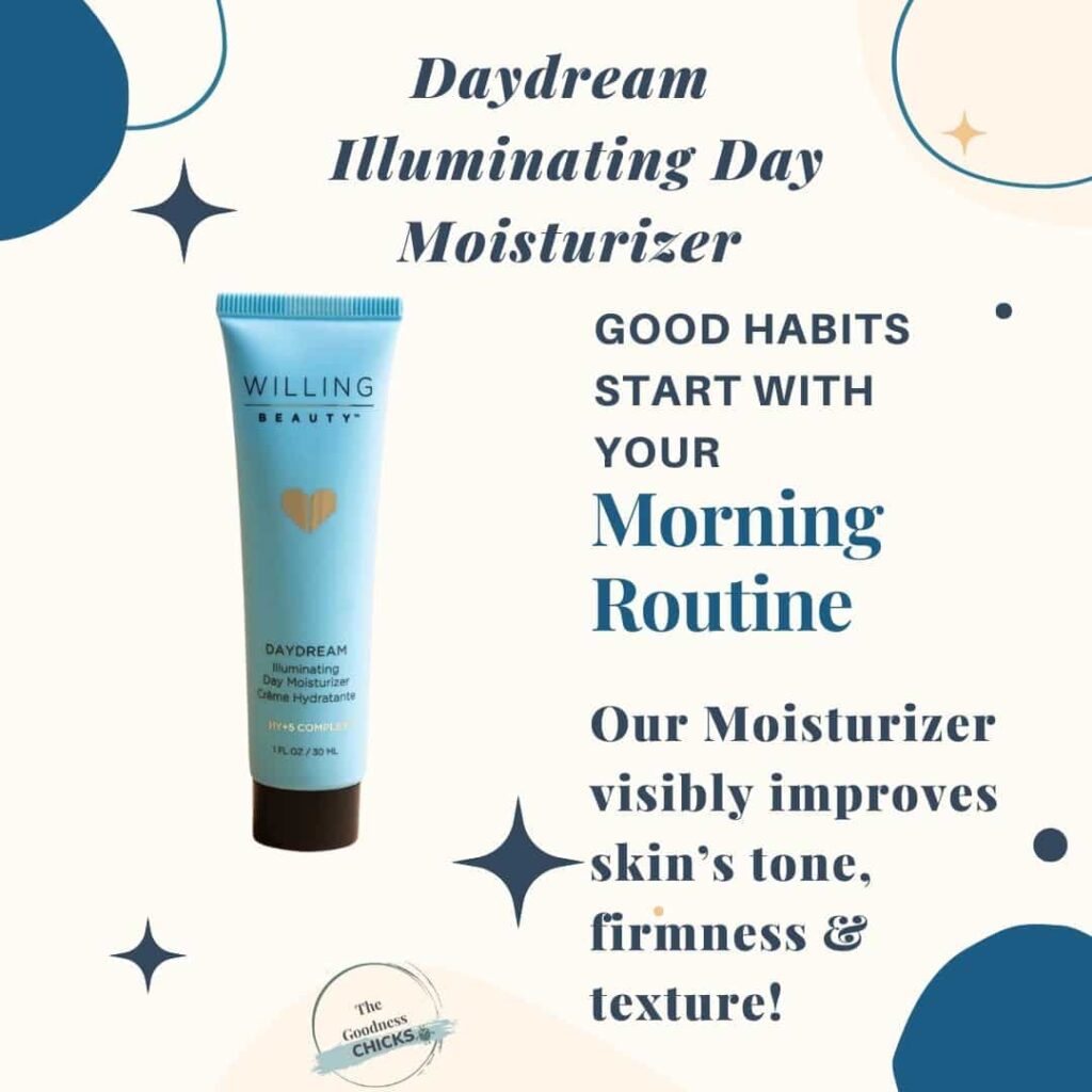 A light cream background with blue half circles around edges that says Daydream Illuminating Day Moisturizer, morning routine, our moisturizer visibly improves skins tone, firmness and texture.