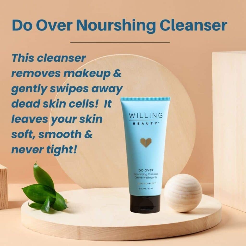 A beige image with do over nourishing cleanser and says this cleanser removes makeup and gently swipes away dead skin cells. It leaves your skin soft, smooth and never tight