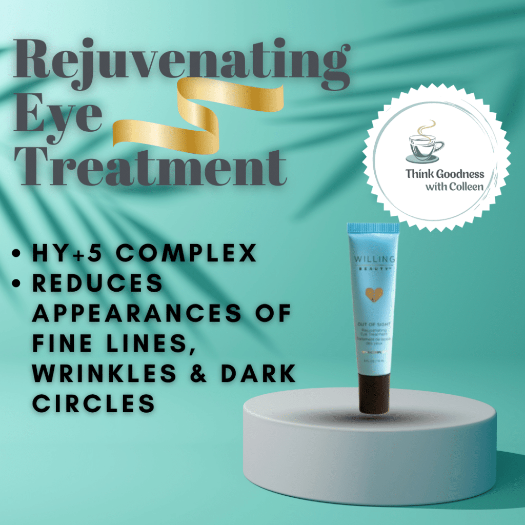 A green image that say rejuvenating eye treatment: HY+5 complex, reduces the appearance of fine lines, wrinkles & dark circles