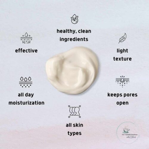 A light pinkish background with a dab of cream in the middle and around it says healthy, clean ingredients, light texture, keeps pores open, all skin types, all day hydration and effective