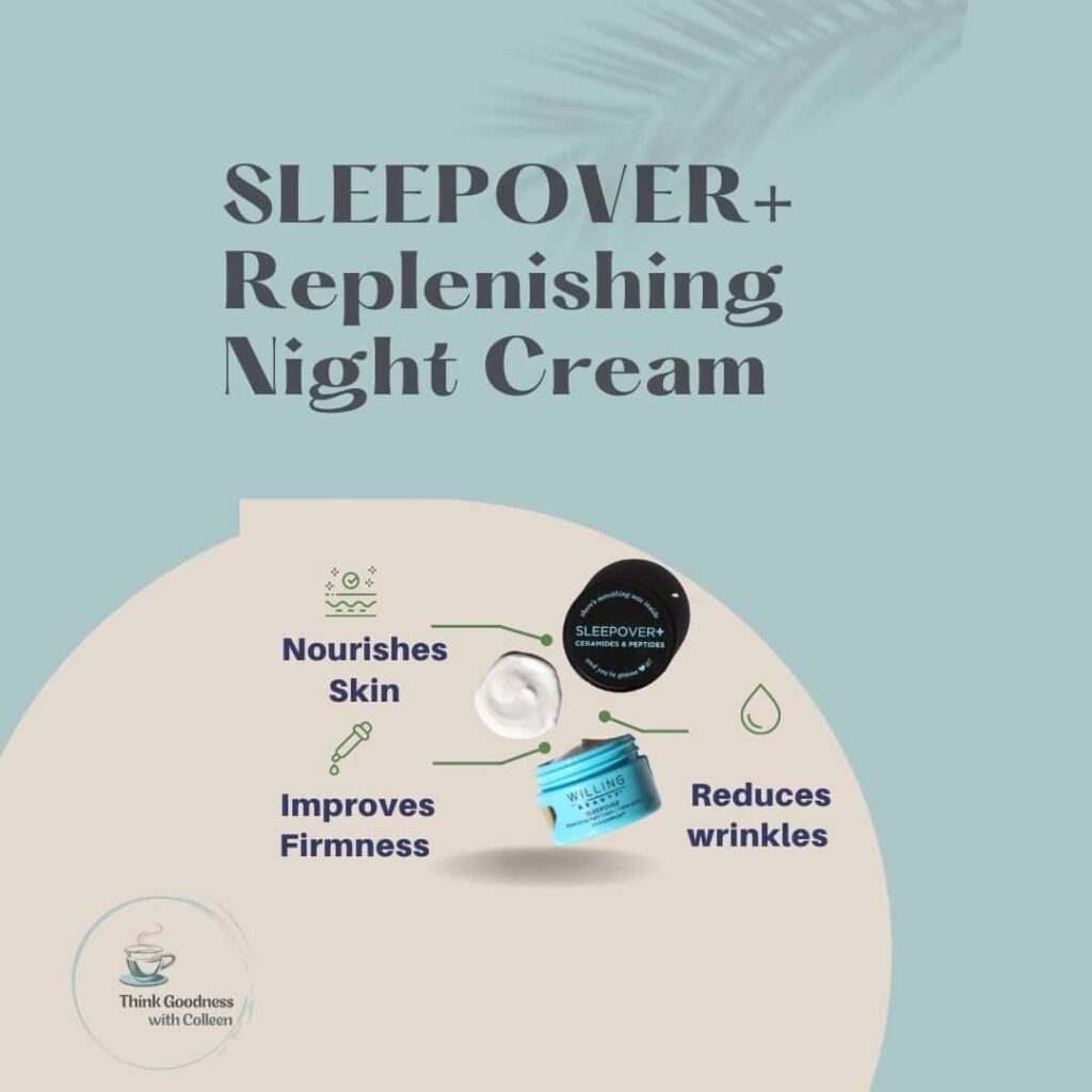 A blue background with a beige circle and sleepover+ replenishing night cream and says nourishes skin, improves firmness and reduces wrinkles