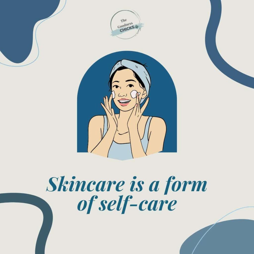 An abstract image with a picture of a woman holding her hands to her cheeks and it says skincare is a form of selfcare