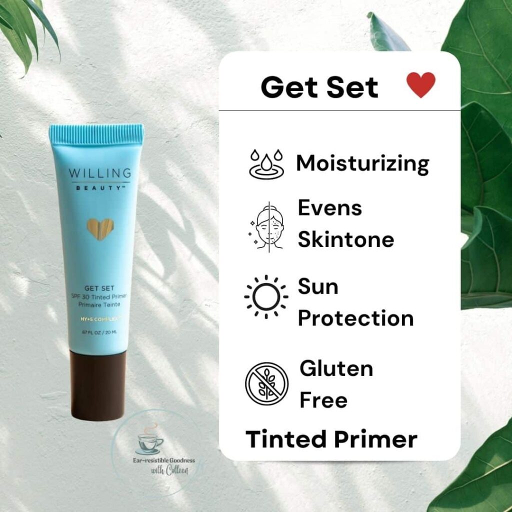 a grey image with leaves that says Get Set Tinted Primer that lists Moisturizing, evens skintone, sun protection and gluten free