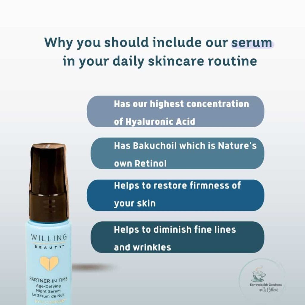 a light blue image with partner in time age defying night serum that has bullet points of: has our highest concentration  of hyaluronic acid, has bakuchoil which is nature's own retinol, helps to restore firmness of your skin and helps to diminish fine lines and wrinkles