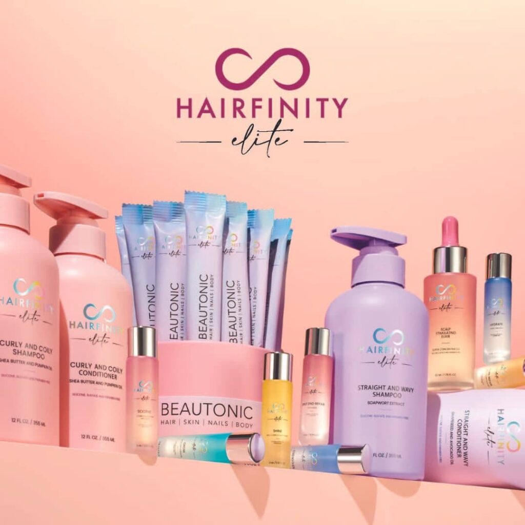 An orange background with Gofinity products: curly and coily shampoo and conditioner, straight and wavy shampoo and conditioner, a box of beau tonic, several power shots to customize your shampoo and conditioner