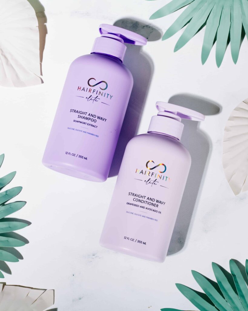 An white image with leaves and the gofinity purple straight and wavy shampoo and conditioner
