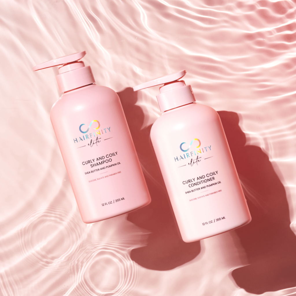 A pink image of the gofinity hailrfinity elite pink curly and coily shampoo and conditioner