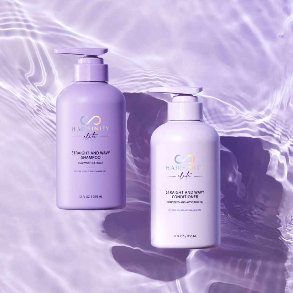 A purple image of the gofinity hailrfinity elite straight and wavy shampoo and conditioner