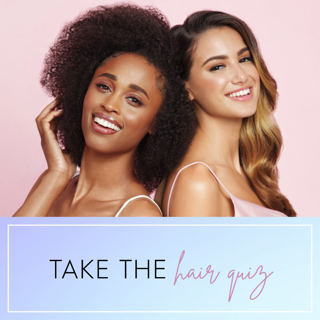 an image of two women from shoulders up with a pink background and the bottom of the image says take the hair quiz